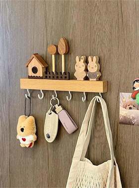 钥匙收纳玄关摆件壁挂式免打孔收纳架榉木挂钩中古风门口墙上装饰
