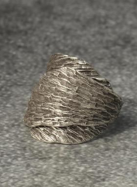 S925纯银泰国清迈手工银戒指男女款复古树叶做旧可调节开口指环