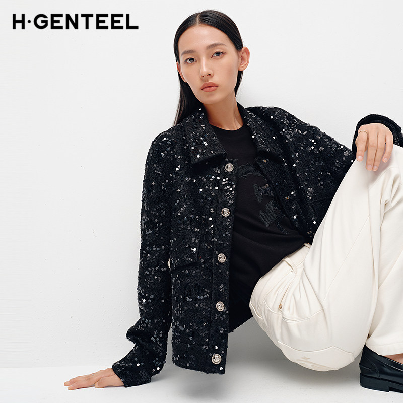 H·GENTEEL荷高25新款春装女香风花纱翻领装饰袋盖金属球型外套,淘宝优惠券,粉丝福利购,淘宝优惠卷