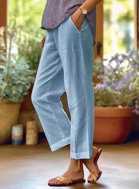 纯色松紧口袋女士长裤Solid color elastic pocket women's pants