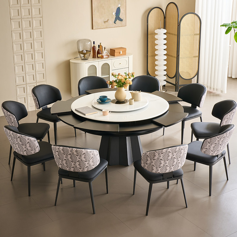 超晶石旋转伸缩餐桌可变实木圆桌转盘现代风多功能变径餐桌省空间 - 图0