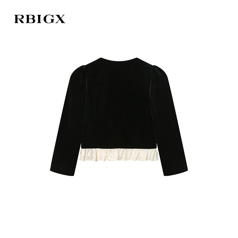 RBIGX瑞比克童装2025秋季新款丝绒撞色木耳边短款贵族优雅外套,淘宝优惠券,粉丝福利购,淘宝优惠卷