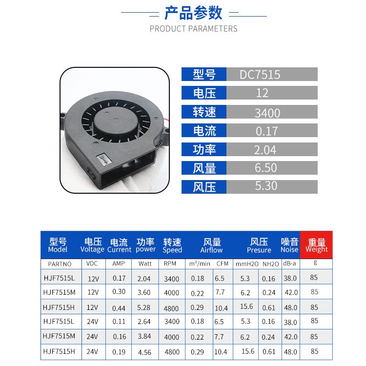 7515涡轮鼓风机 工业暴力7.5CM风扇 加湿器防水防腐24V12V风机 - 图0