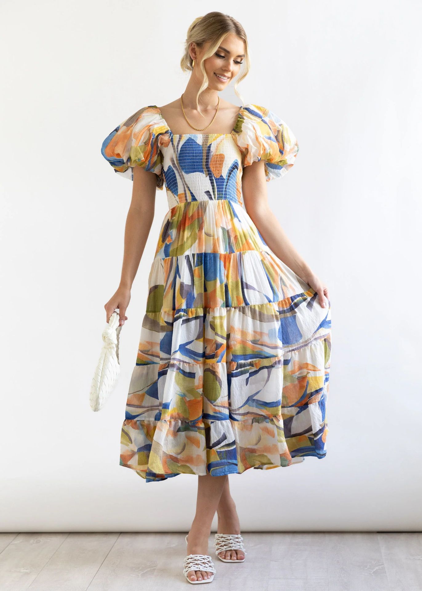 Print patchwork frock with puffy sleeves印花拼接泡泡袖连衣裙 - 图1