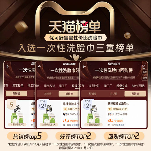 限时优惠】优可舒悬挂式洗脸巾一次性宝宝擦脸棉柔巾洁面巾210抽 - 图1