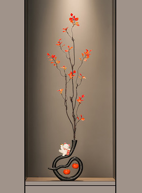 创意现代事事如意招财猫花艺摆件中式细长花瓶客厅玄关壁龛装饰