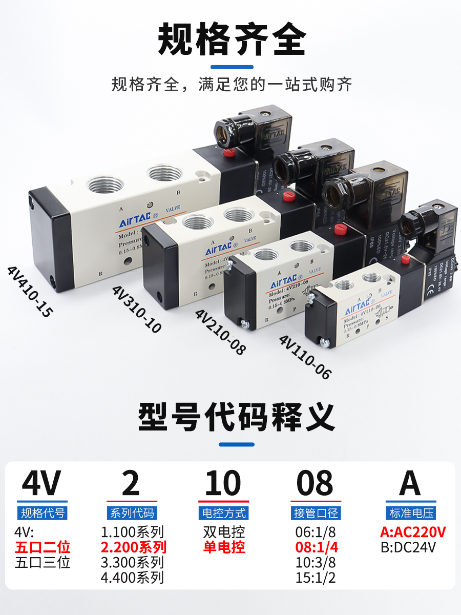 亚德客电磁气动阀4v210一08 220v控制器气阀换向阀电子阀线圈24v - 图1