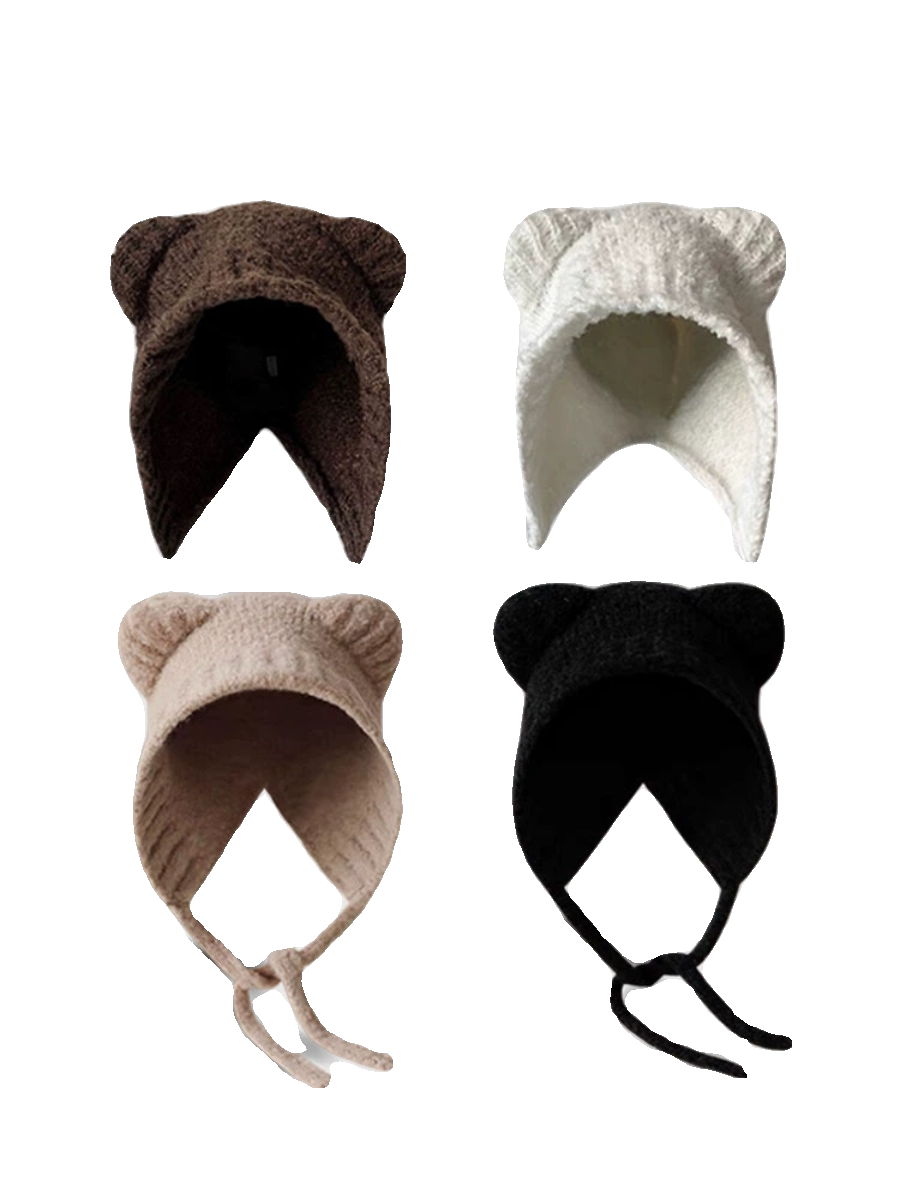 可爱小熊系绳套头帽子女软糯糯加厚保暖护耳针织帽秋冬雷锋毛线帽