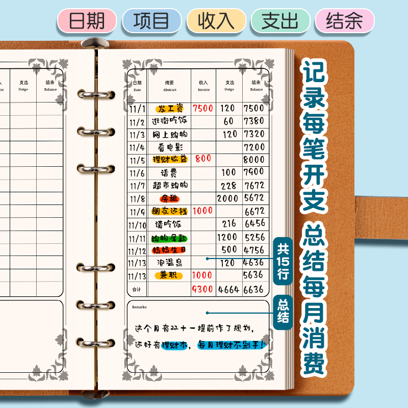 活页记账本可放钱小学生手帐明细账家用日常开支存钱本每日收入支出高颜值工作儿童理财笔记本子2024年记帐本-图1