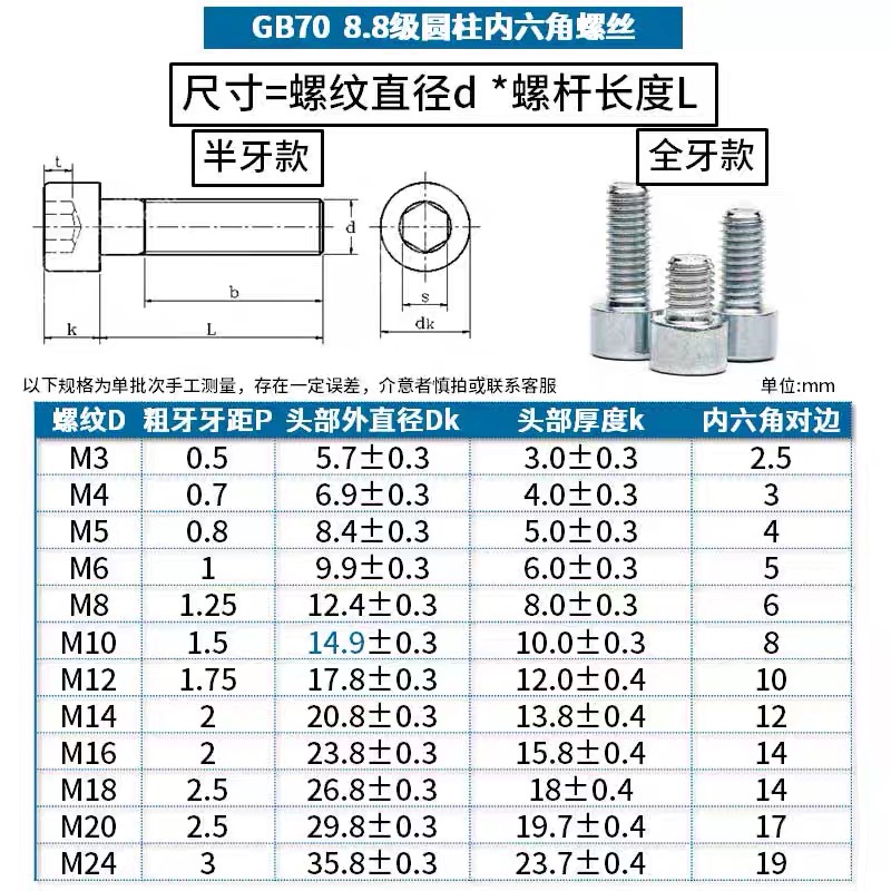 8.8级镀锌内六角螺丝 M4-M30 高强度杯头内六角圆柱头螺钉GB70