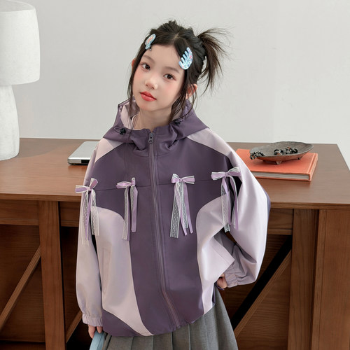 韩系女童时尚蝴蝶结冲锋衣2026秋季新款儿童洋气防风外套秋装夹克 - 图1