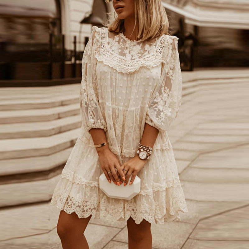 New Solid Color Lace Panel Sleeve Dress 宽松蕾丝七分袖连衣裙 - 图0