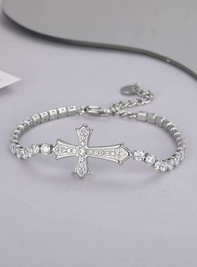 镶钻十字架手链钛钢男士潮流