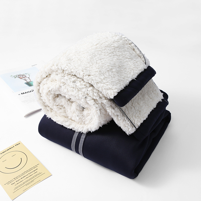 羊羔绒校服裤子学生运动宽松一条细灰杠校裤秋冬款两条杠反光条 - 图2