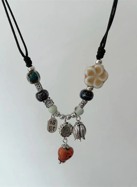 新中式醉梦爱心陶瓷串珠项链女复古编织绳颈链国风禅意汉服锁骨链