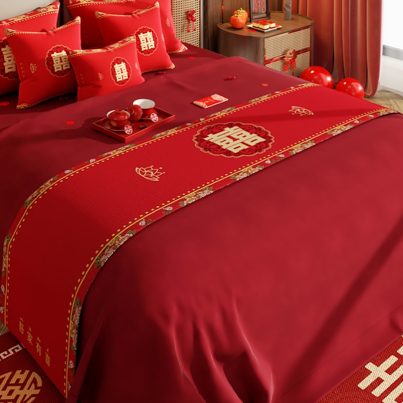 结婚喜庆床旗红色装饰布置床尾搭巾新婚婚房床上用品民宿酒店床盖 - 图0