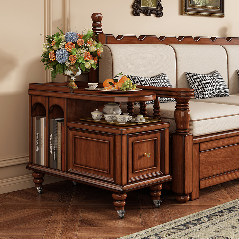 世府美式复古实木茶水台移动带轮小茶几茶桌沙发侧边柜角几边推车,淘宝优惠券,粉丝福利购,淘宝优惠卷