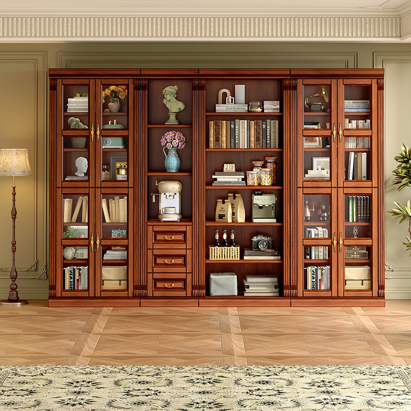 美式复古实木书柜书房组合书架桃花心木玻璃门一体抽屉储物置物柜,淘宝优惠券,粉丝福利购,淘宝优惠卷