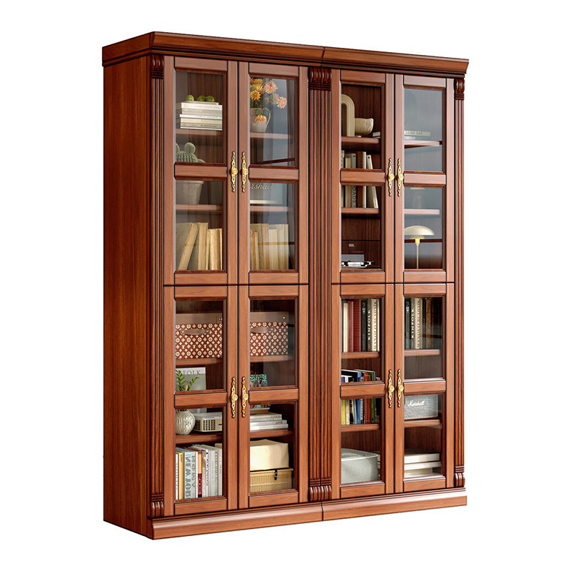 美式复古实木书柜书房组合书架桃花心木玻璃门一体抽屉储物置物柜,淘宝优惠券,粉丝福利购,淘宝优惠卷