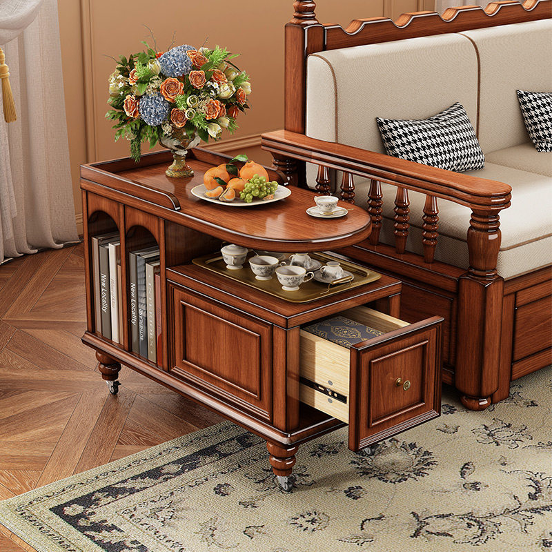 世府美式复古实木茶水台移动带轮小茶几茶桌沙发侧边柜角几边推车,淘宝优惠券,粉丝福利购,淘宝优惠卷