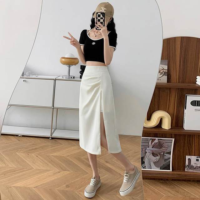 Pleated zipper slit skirt for women summer high-waisted irregular A-line skirt for small people Korean style versatile mid-length skirt