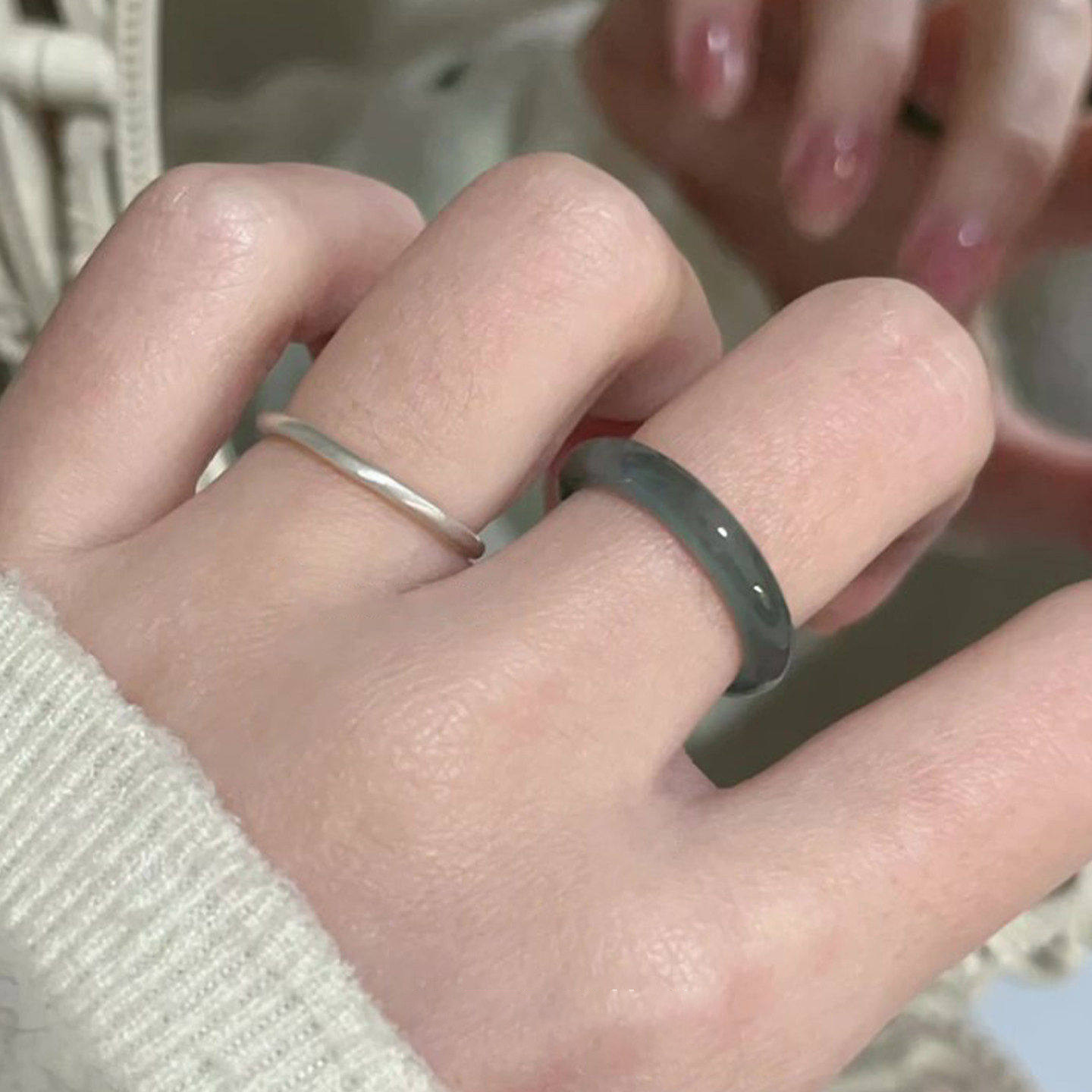 S925 sterling silver cool style imitation jade ring ring for women