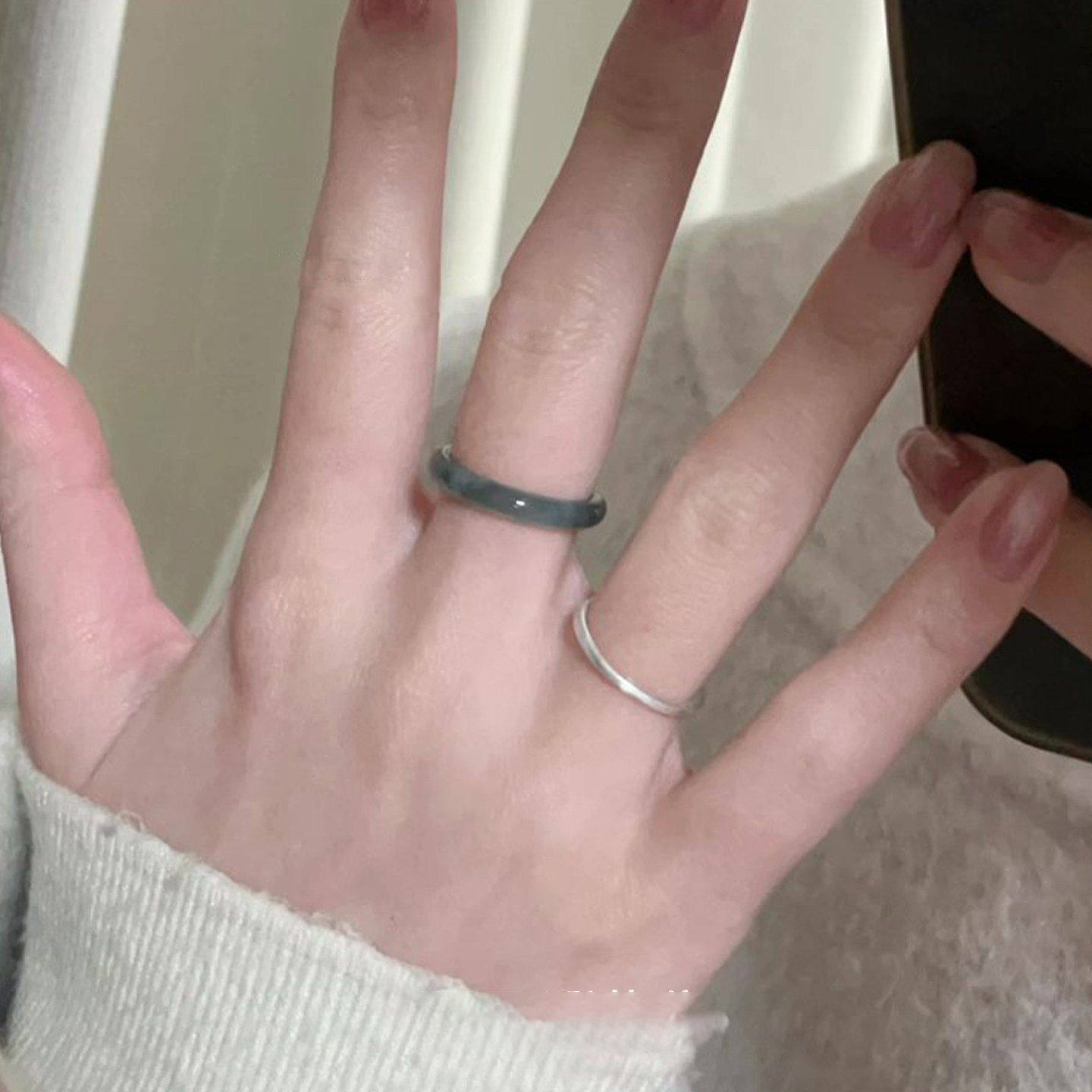 S925 sterling silver cool style imitation jade ring ring for women