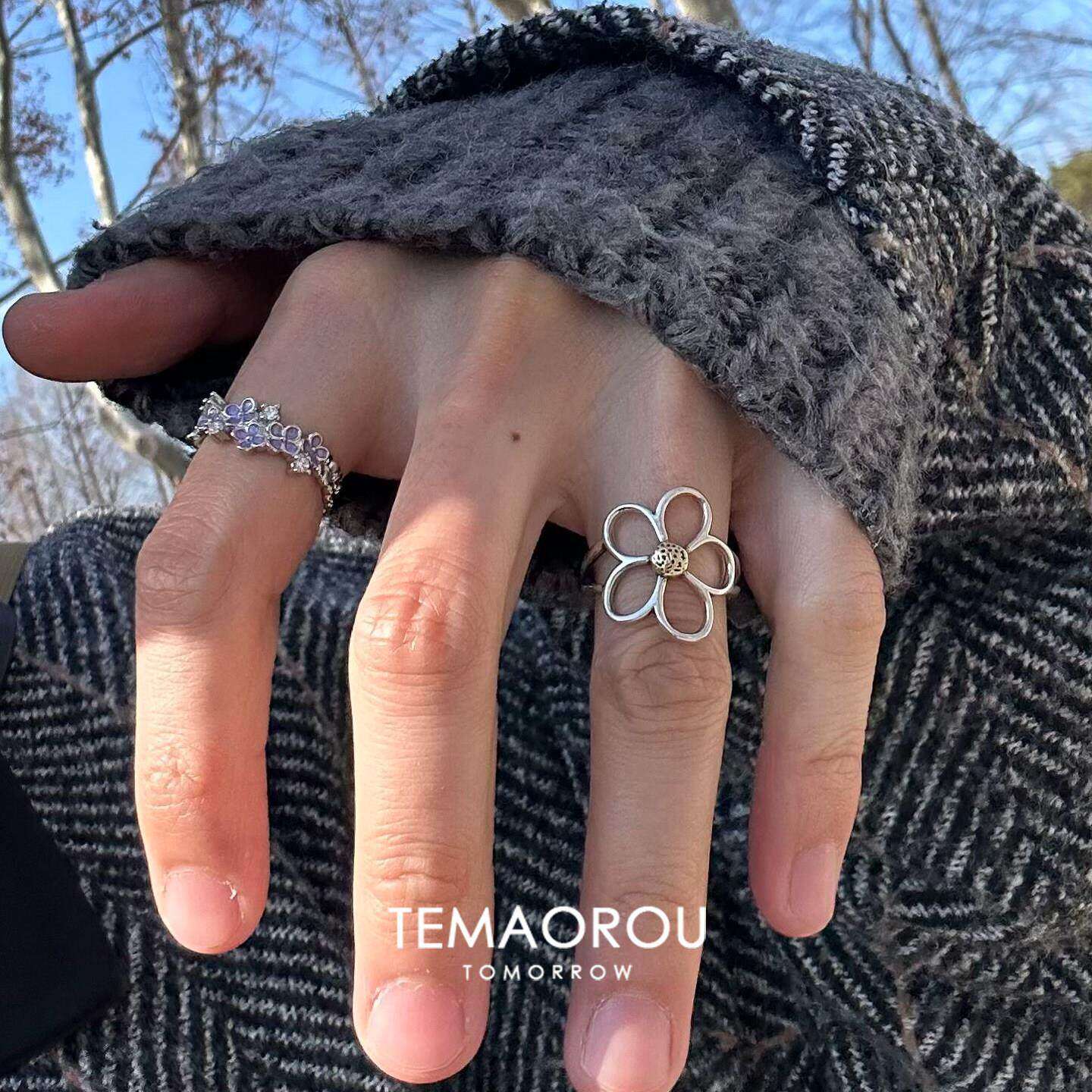 S925 sterling silver metal line silver flower ring for women