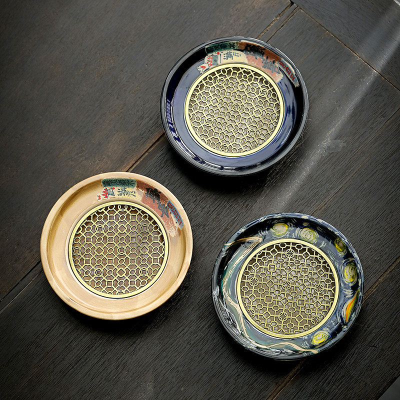 手绘储水壶承藤编垫养壶干泡台单层小茶盘粗陶瓷盖碗底托复古茶具,淘宝优惠券,粉丝福利购,淘宝优惠卷