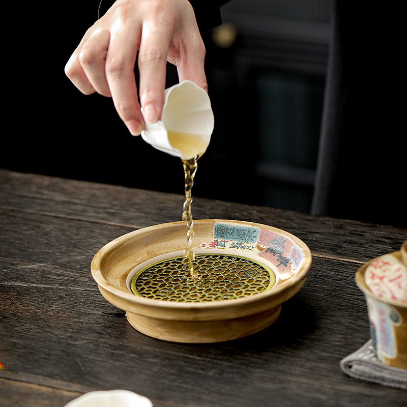 手绘储水壶承藤编垫养壶干泡台单层小茶盘粗陶瓷盖碗底托复古茶具,淘宝优惠券,粉丝福利购,淘宝优惠卷