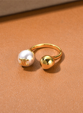 凯旋门系列黄铜镀18k真金镶嵌珍珠球球开口可调节简约指环戒指