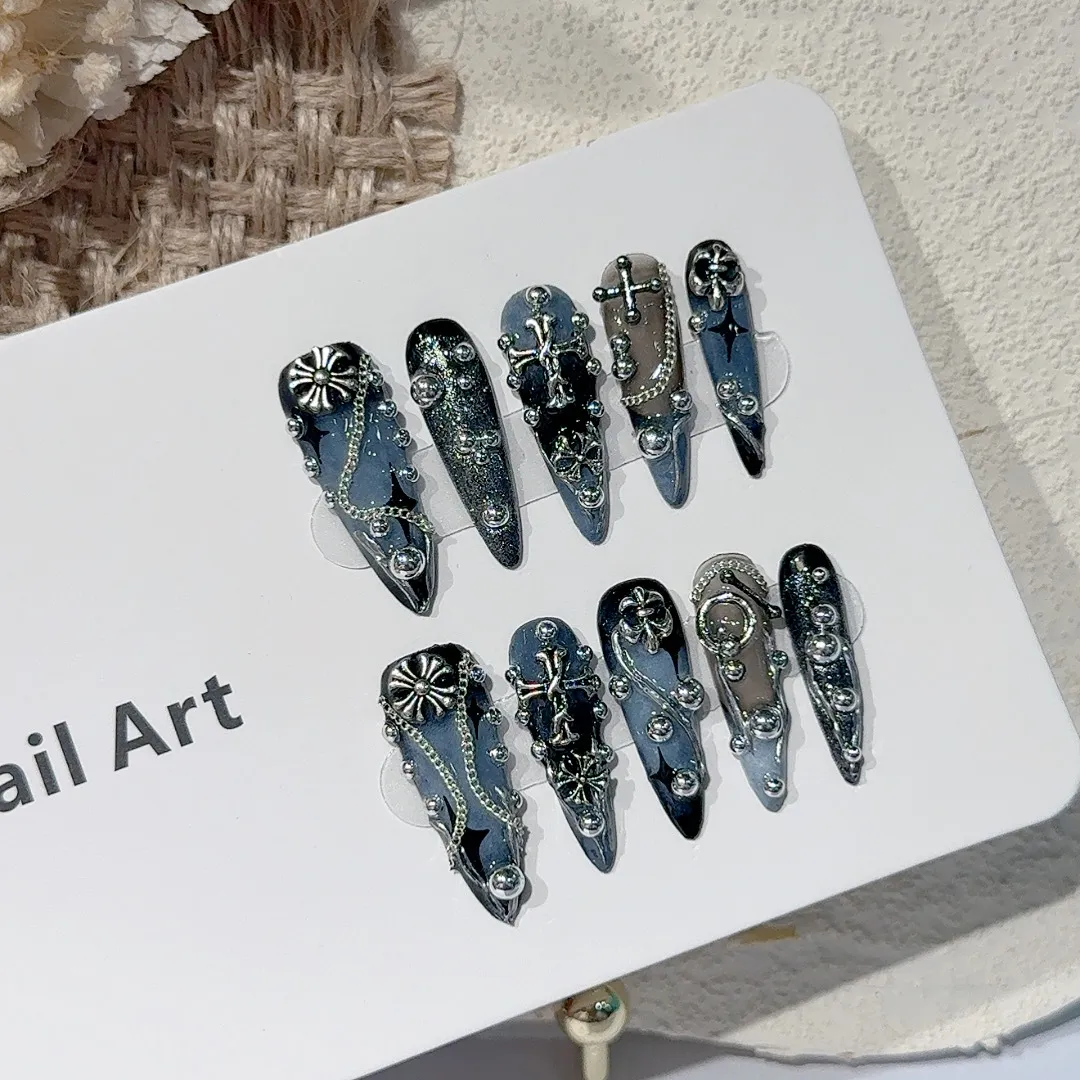 『十字与铆钉』暗黑朋克金属辣妹ins哥特穿戴甲尖门穿戴甲,淘宝优惠券,粉丝福利购,淘宝优惠卷