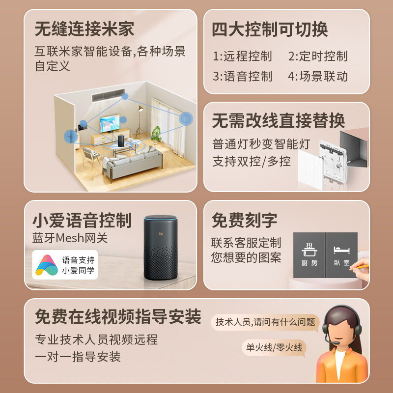 智能开关控制面板无线米家小米灯 皇淘优品智能家居智能开关