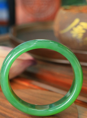 天然新疆和田玉俄罗斯老坑碧玉57.4圈口手镯大气典雅古风男女收藏