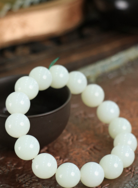 天然新疆和田玉山料羊脂级白玉14mm手串手链古风男女手饰收藏礼品