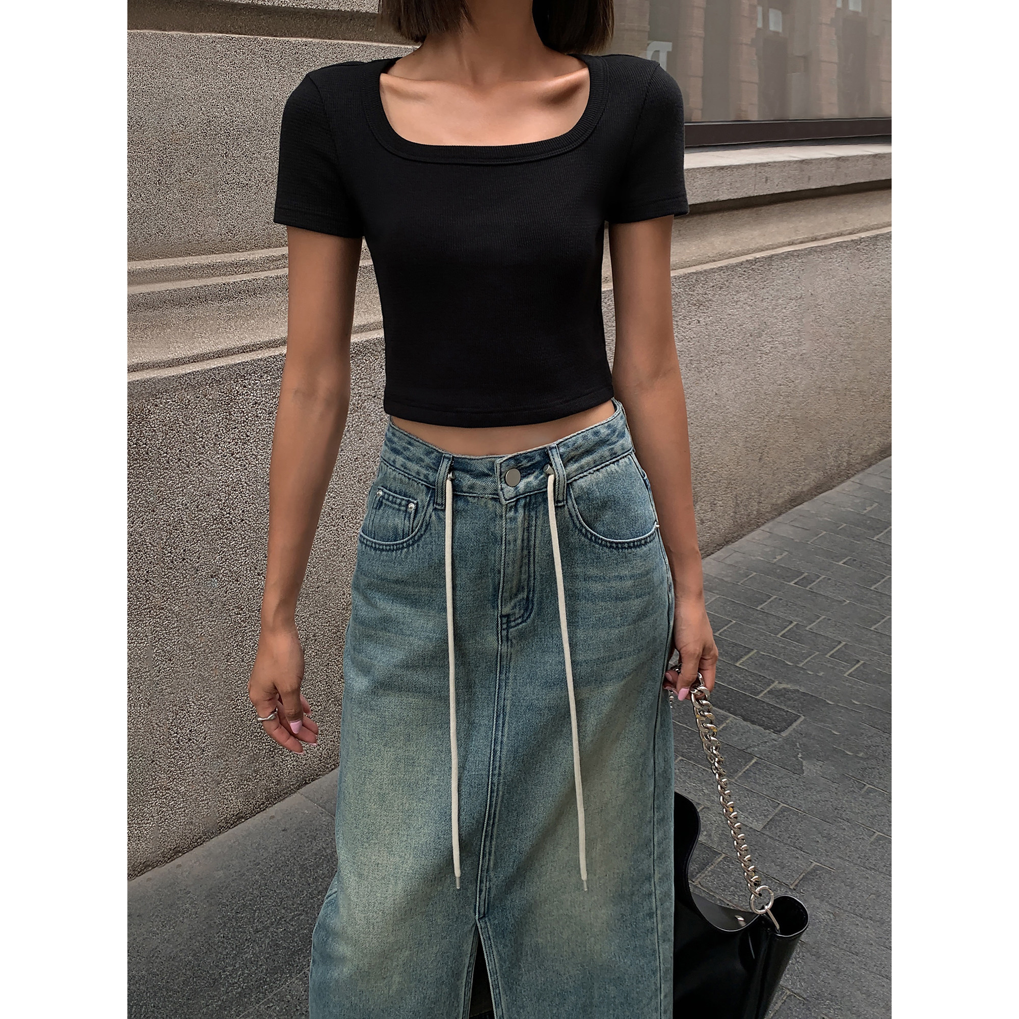 ousph【现货5折】复古港式高腰牛仔半身裙女开叉口袋中长A字裙子,淘宝优惠券,粉丝福利购,淘宝优惠卷