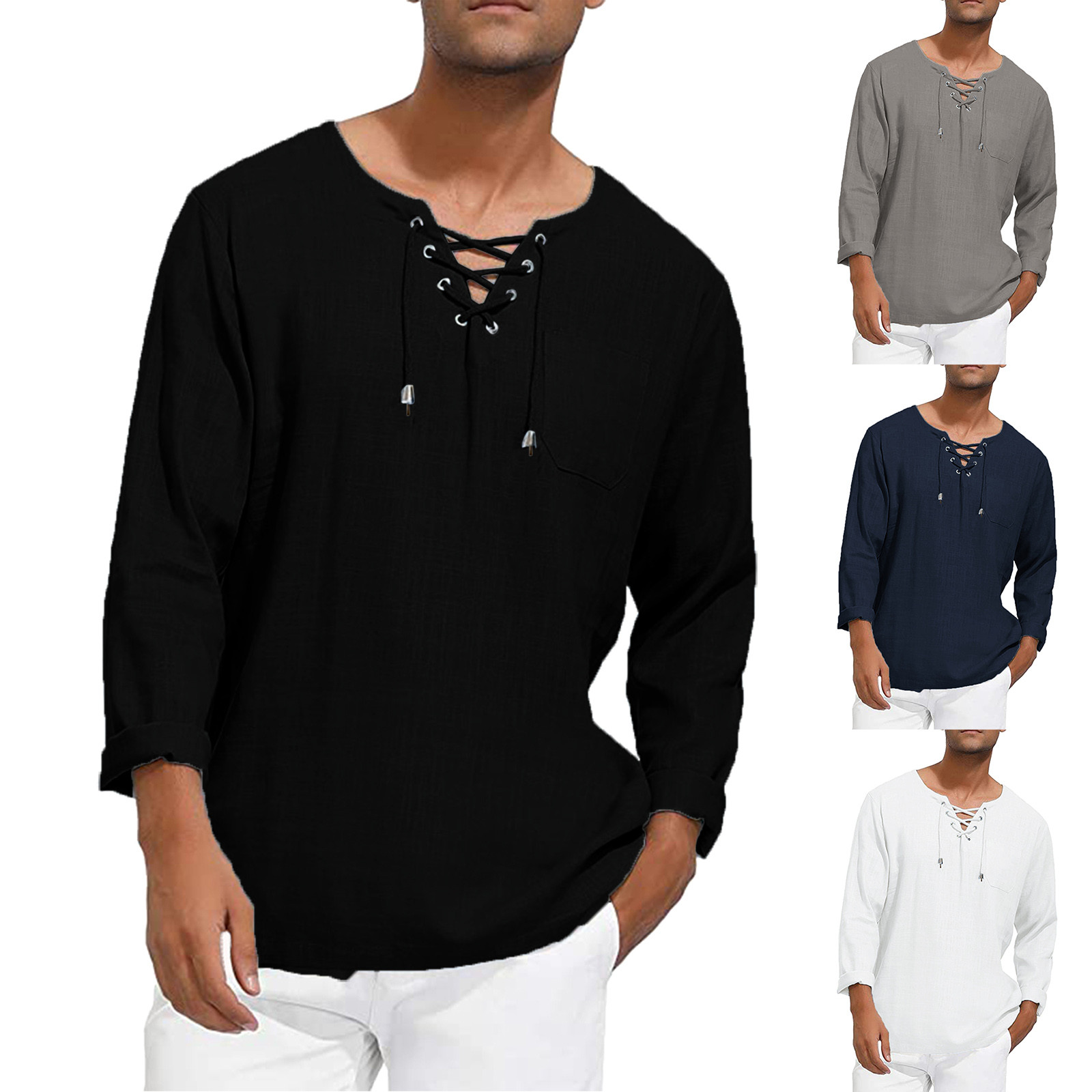 Summer Linen Solid Color Youth Crew Neck Shirt棉质长袖衬衣男 - 图0