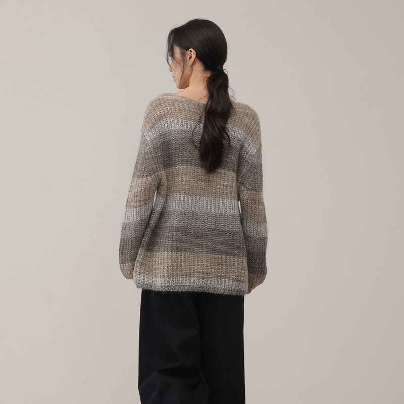 AIRIQI商场同款25冬新款慵懒条纹宽松圆领羊毛针织衫女AY54MS339 - 图0