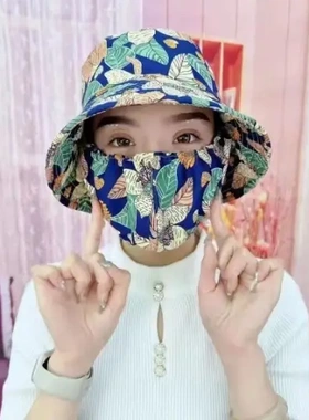 防晒口罩一体帽子遮阳帽女款防紫外线防风帽新款户外夏季太阳帽女