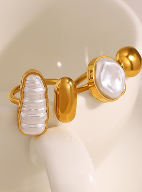 跨境异形珍珠金戒指轻奢高级感钛钢开口指环女不掉色小众手饰