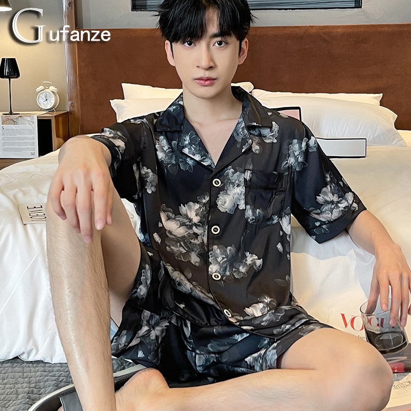 新款男士夏季男款冰丝短袖短裤睡衣 古梵泽睡衣/家居服套装