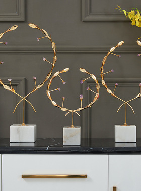 跨境欧式轻奢植物金属摆件高级感家居客厅水晶花环装饰礼品工艺品