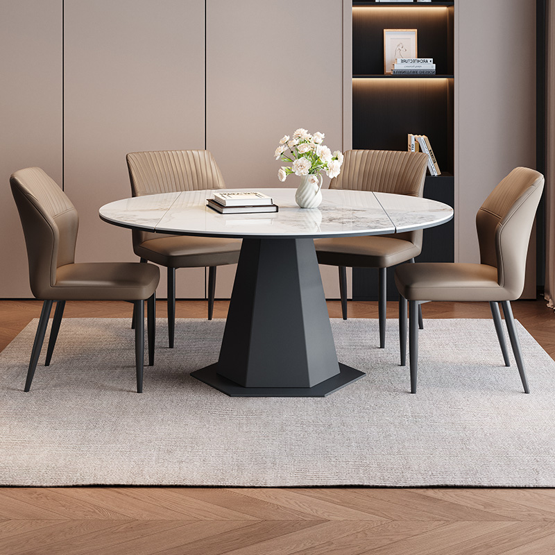 意式极简岩板餐桌带电磁炉方圆两用可旋转伸缩圆形内嵌暖菜转盘 - 图0