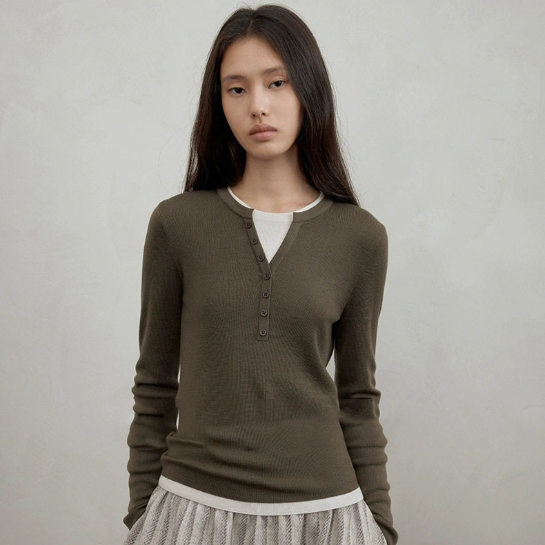 纯澳羊毛假两件亨利领针织衫撞色设计感上衣长袖修身显瘦英伦风女,淘宝优惠券,粉丝福利购,淘宝优惠卷