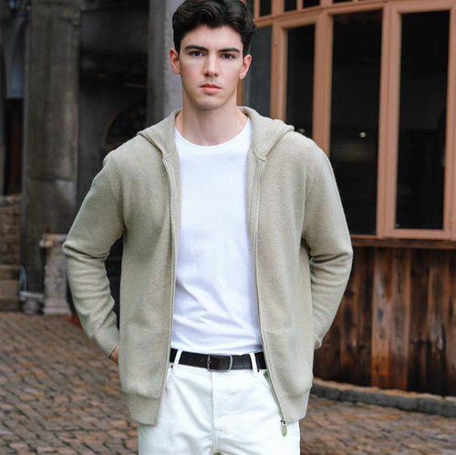 LP同款轻奢山羊绒连帽针织拉链开衫舒适羊毛卫衣外套休闲短款男 - 图0