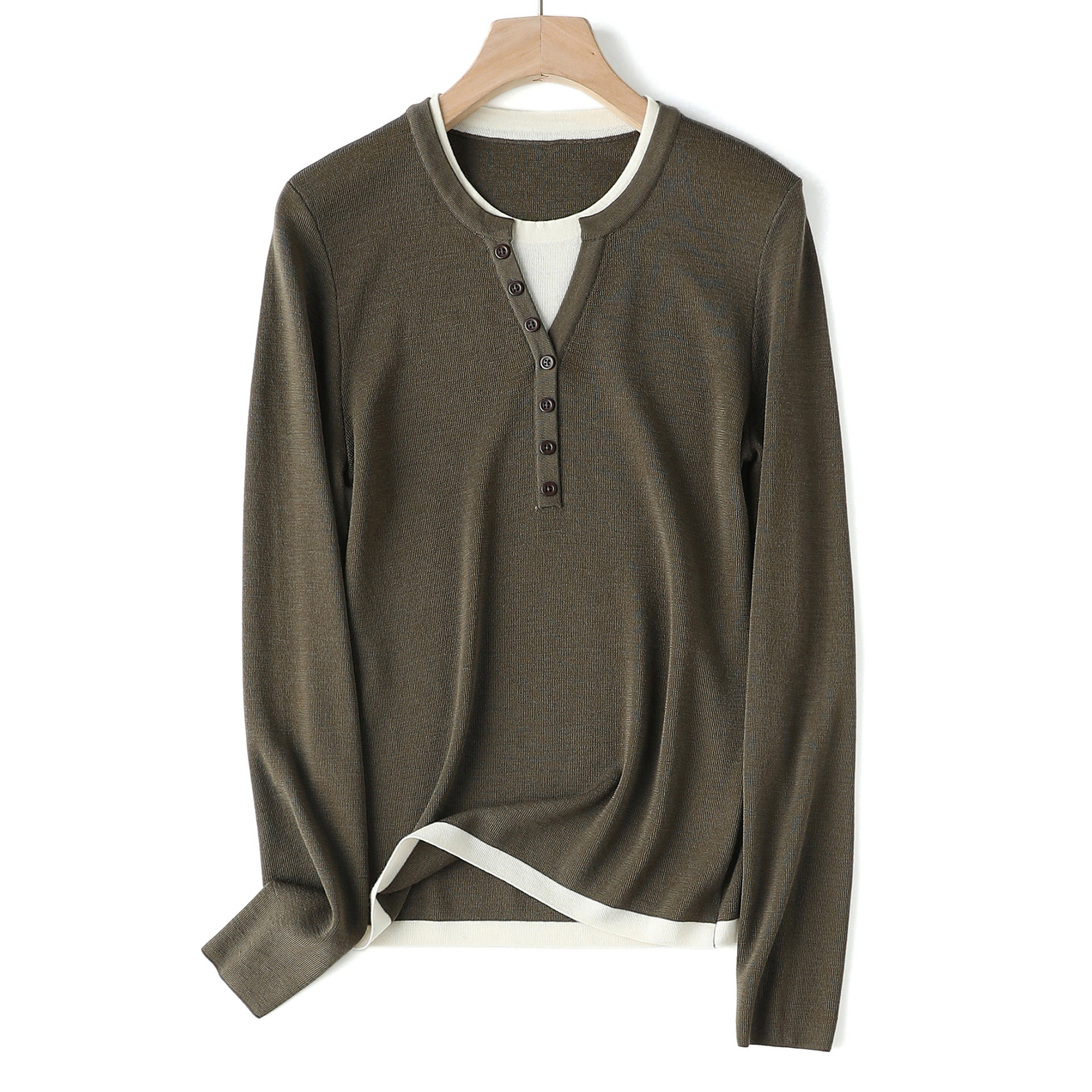 纯澳羊毛假两件亨利领针织衫撞色设计感上衣长袖修身显瘦英伦风女,淘宝优惠券,粉丝福利购,淘宝优惠卷