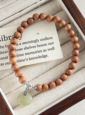 925纯银和田玉檀木串珠手链女简约手工弹力绳款设计时髦手饰B6649