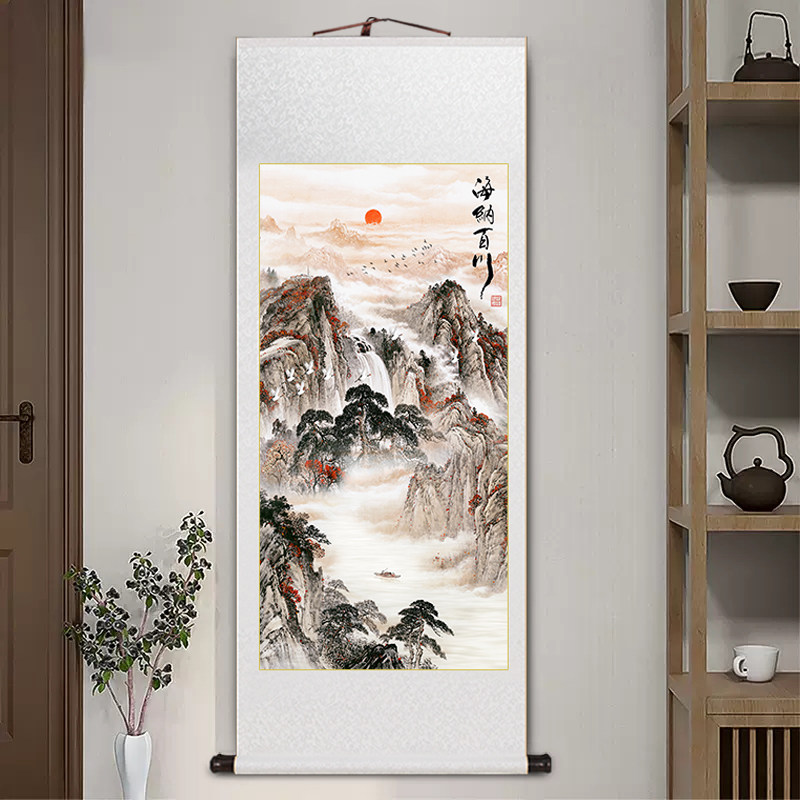 旭日东升山水画玄关画新中式客厅装饰画办公室靠山图书房卷轴挂画_虎窝淘
