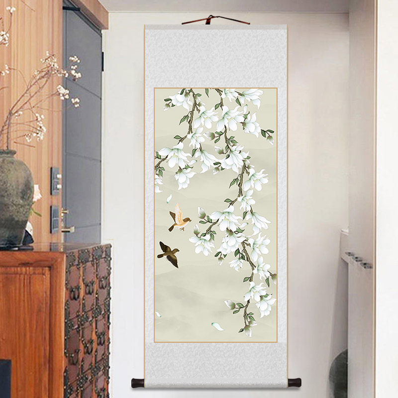玉兰花国画花鸟卷轴挂画新中式客厅装饰画书房茶室玄关画风景壁画,淘宝优惠券,粉丝福利购,淘宝优惠卷