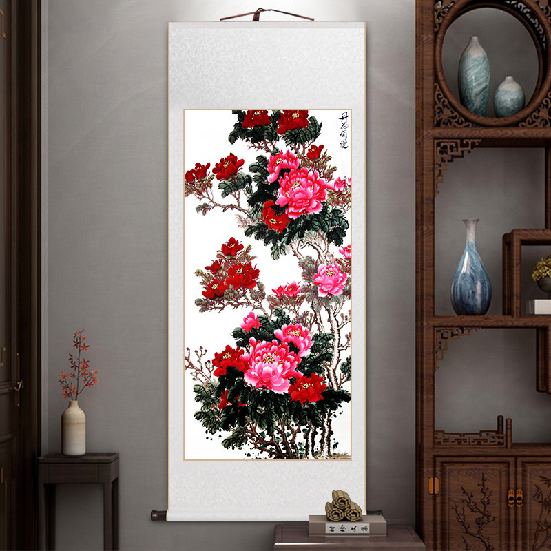 牡丹花卷轴挂画花开富贵客厅装饰画中国风花鸟牡丹图书房茶室壁画,淘宝优惠券,粉丝福利购,淘宝优惠卷